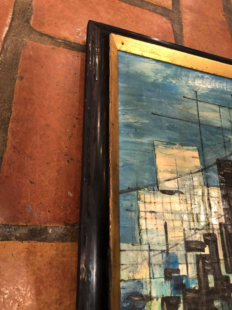 抽象的な石のオブジェ ポストモダン プリミティブ ヴィンテージ アート 芸術 SOLD-Signed Mid-Century Modern Cityscape Oil on Canvas